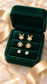 Bunny, Clover & Solitaire Stud Earrings Set - Aaryahi Silver jewellery product photo