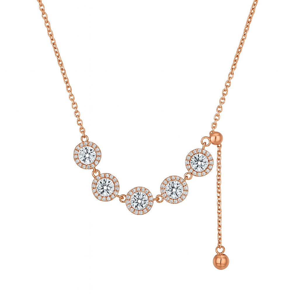 925 Silver Rose Gold Adjustable Halo CZ Pendant Necklace for Women – Elegant Party Wear