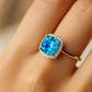 Elegant 925 Silver Blue Zircon Halo Ring for Women – Stylish Cushion Cut Finger Ring for Party & Daily Wear