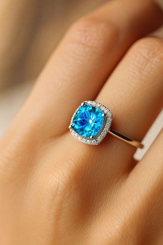 Elegant 925 Silver Blue Zircon Halo Ring for Women – Stylish Cushion Cut Finger Ring for Party & Daily Wear