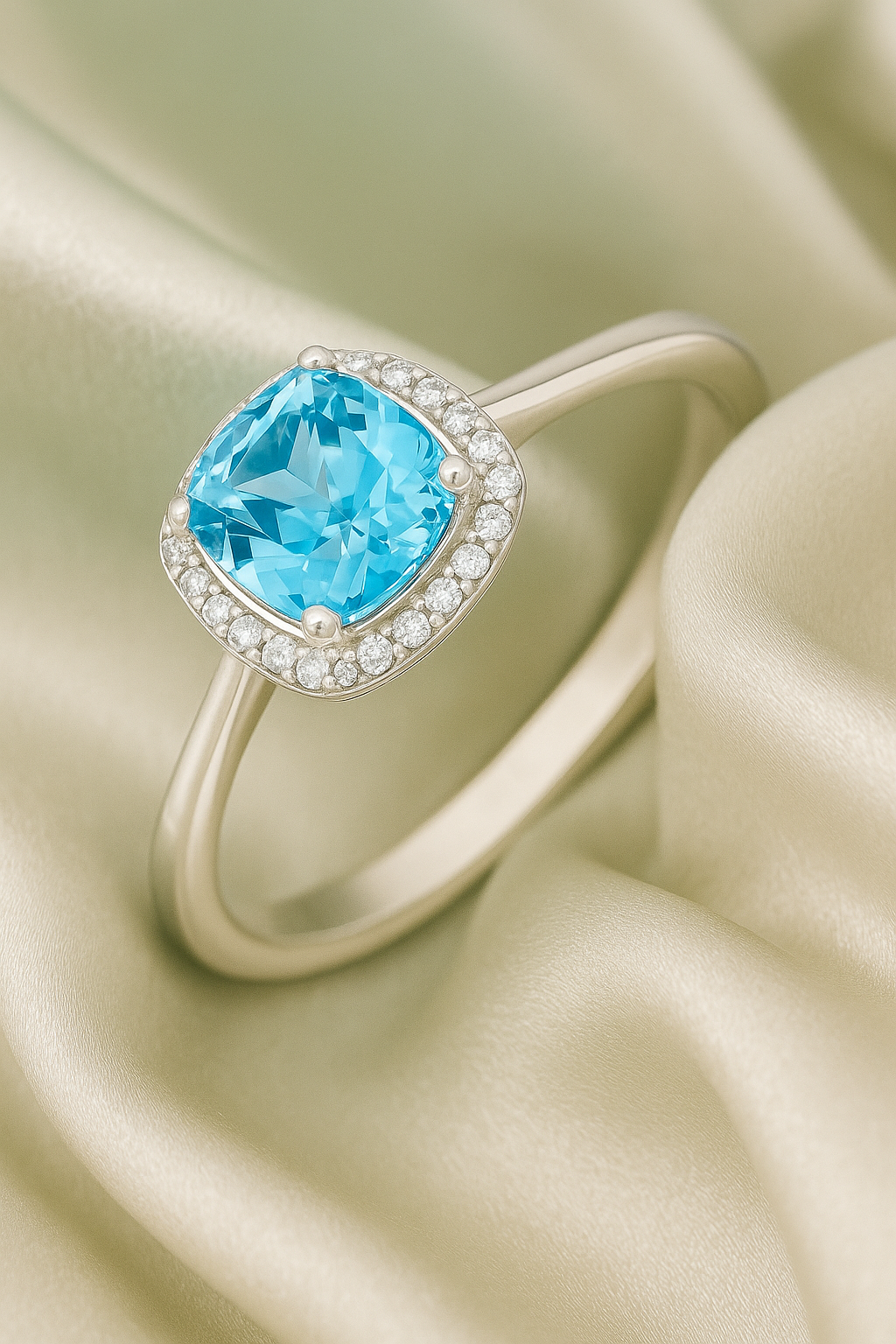 Elegant 925 Silver Blue Zircon Halo Ring for Women – Stylish Cushion Cut Finger Ring for Party & Daily Wear