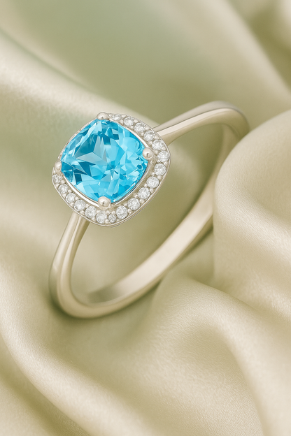 Elegant 925 Silver Blue Zircon Halo Ring for Women – Stylish Cushion Cut Finger Ring for Party & Daily Wear