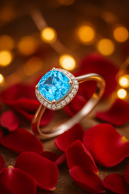 Elegant 925 Silver Blue Zircon Halo Ring for Women – Stylish Cushion Cut Finger Ring for Party & Daily Wear