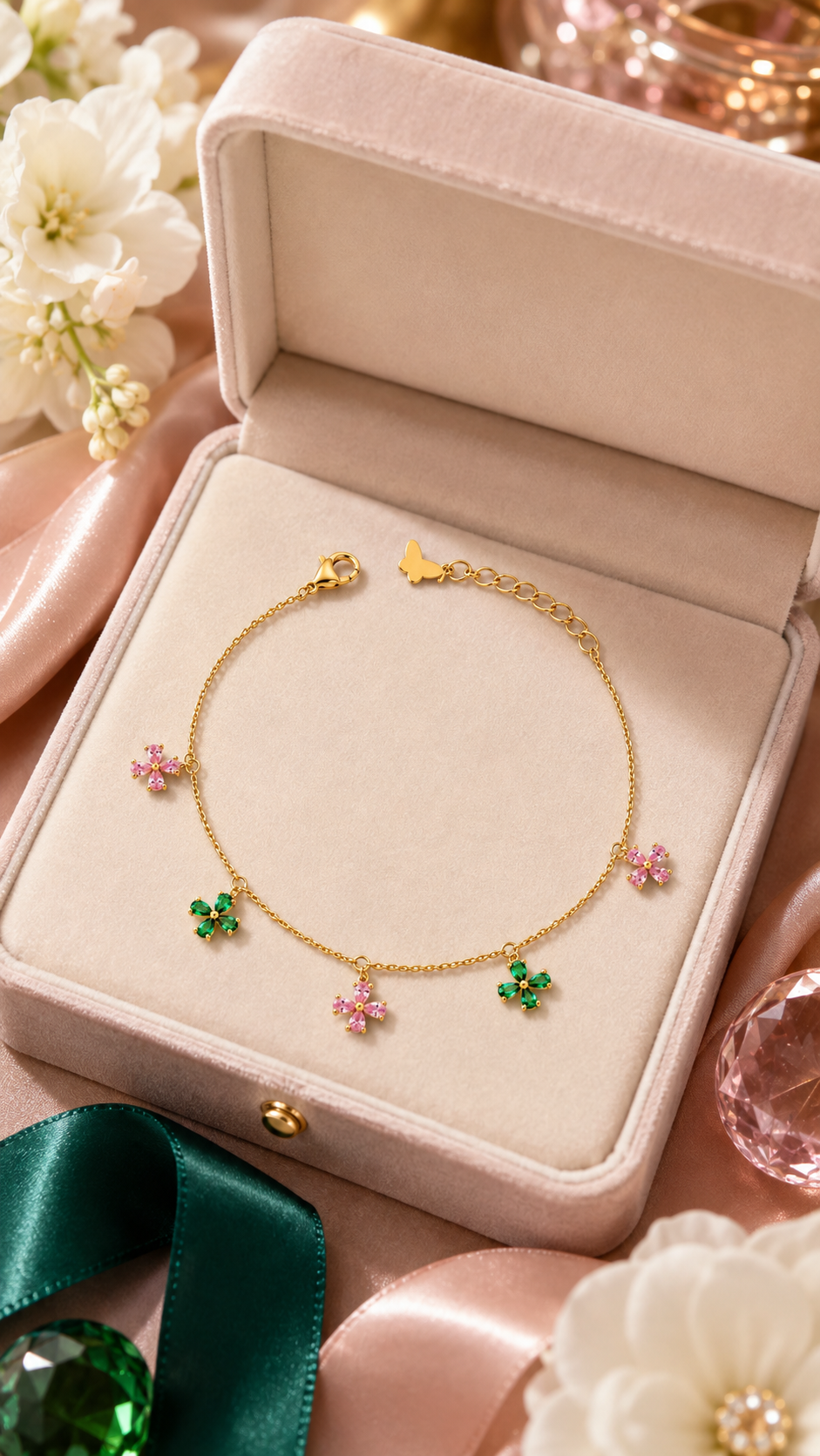 Gold-Plated Pink & Green CZ Floral Charm Bracelet