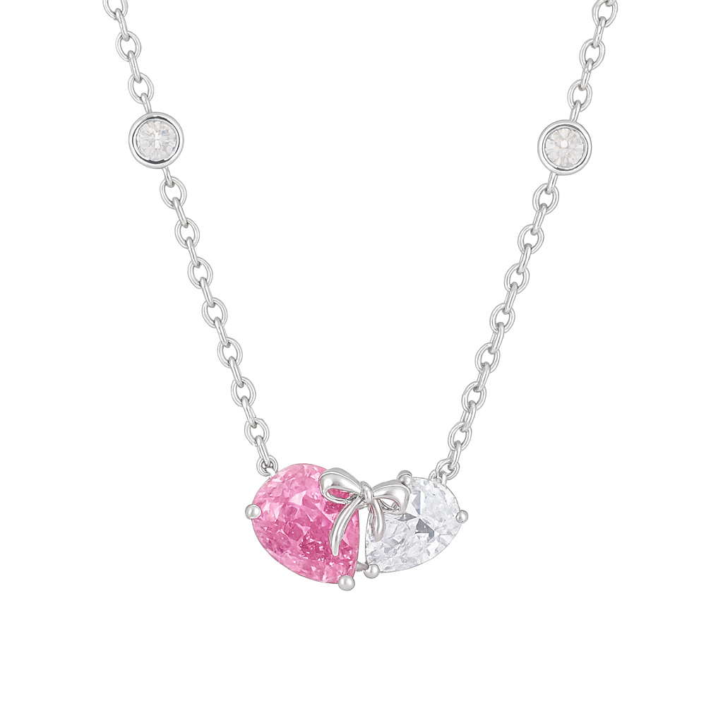 925 Silver Pink & White Heart Dual Stone Pendant Necklace for Women – Romantic Bow Design