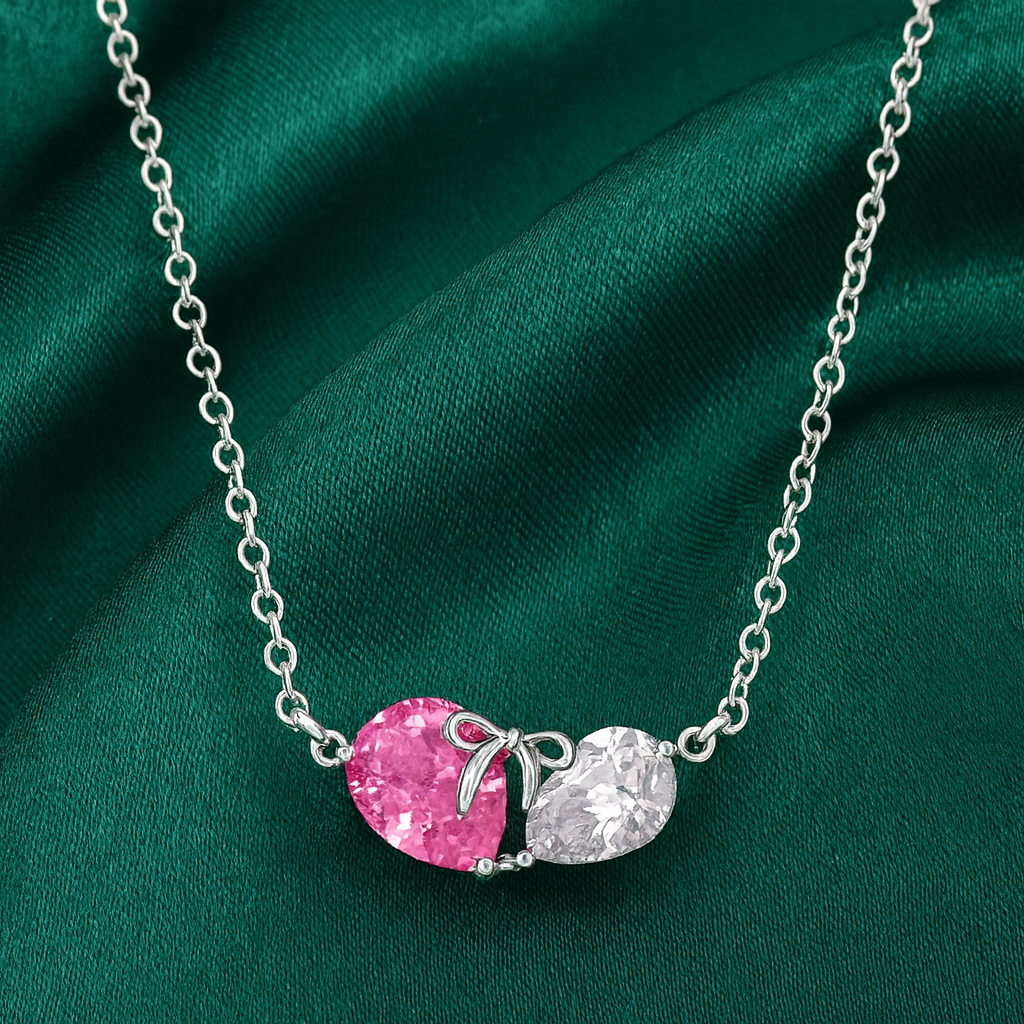 925 Silver Pink & White Heart Dual Stone Pendant Necklace for Women – Romantic Bow Design