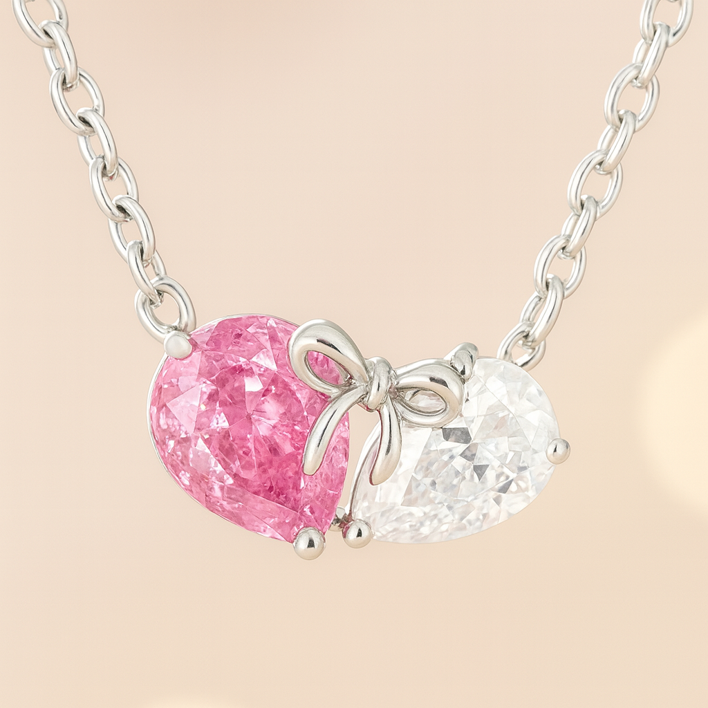 925 Silver Pink & White Heart Dual Stone Pendant Necklace for Women – Romantic Bow Design