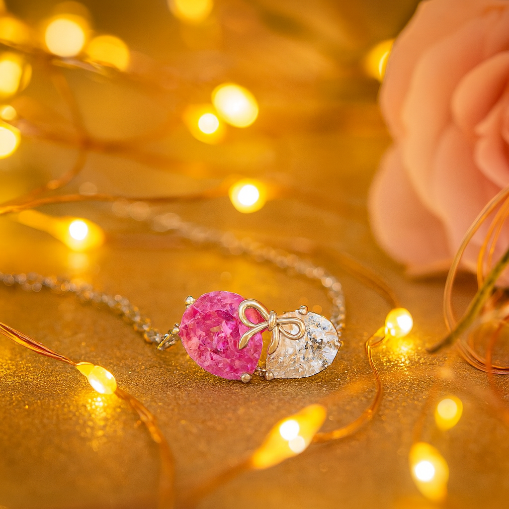 925 Silver Pink & White Heart Dual Stone Pendant Necklace for Women – Romantic Bow Design