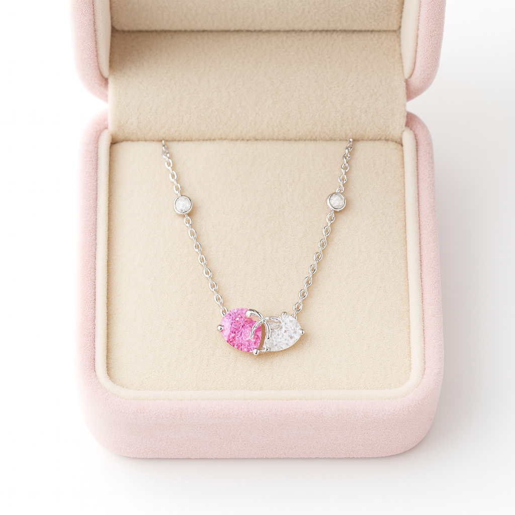 925 Silver Pink & White Heart Dual Stone Pendant Necklace for Women – Romantic Bow Design