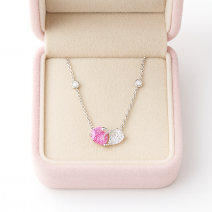 925 Silver Pink & White Heart Dual Stone Pendant Necklace for Women – Romantic Bow Design