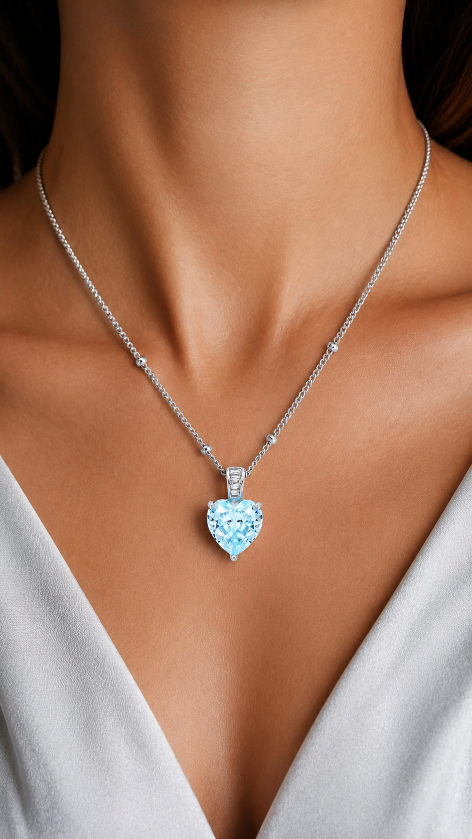 Elegant Silver Blue Heart Solitaire Pendant Necklace