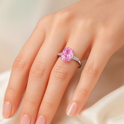 Charming Pink Oval Solitaire Ring with Side Accents