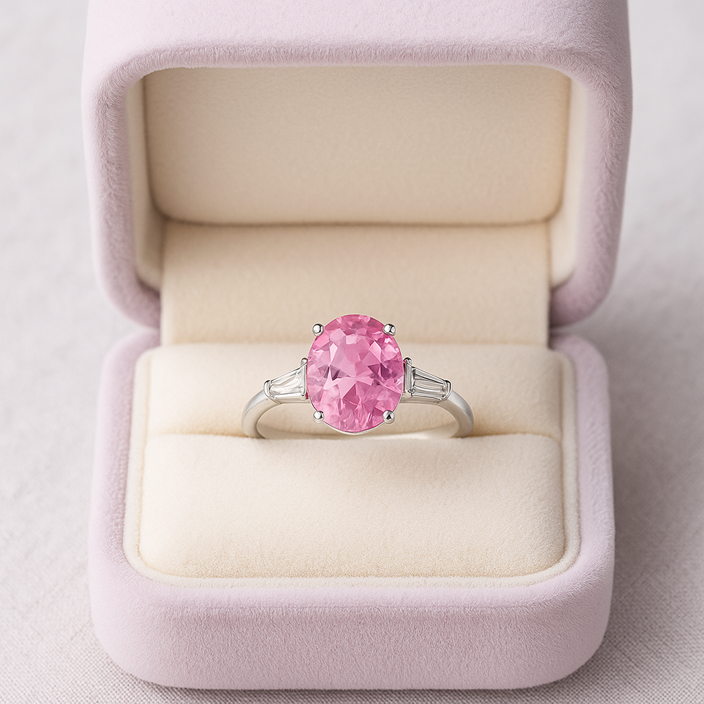 Charming Pink Oval Solitaire Ring with Side Accents
