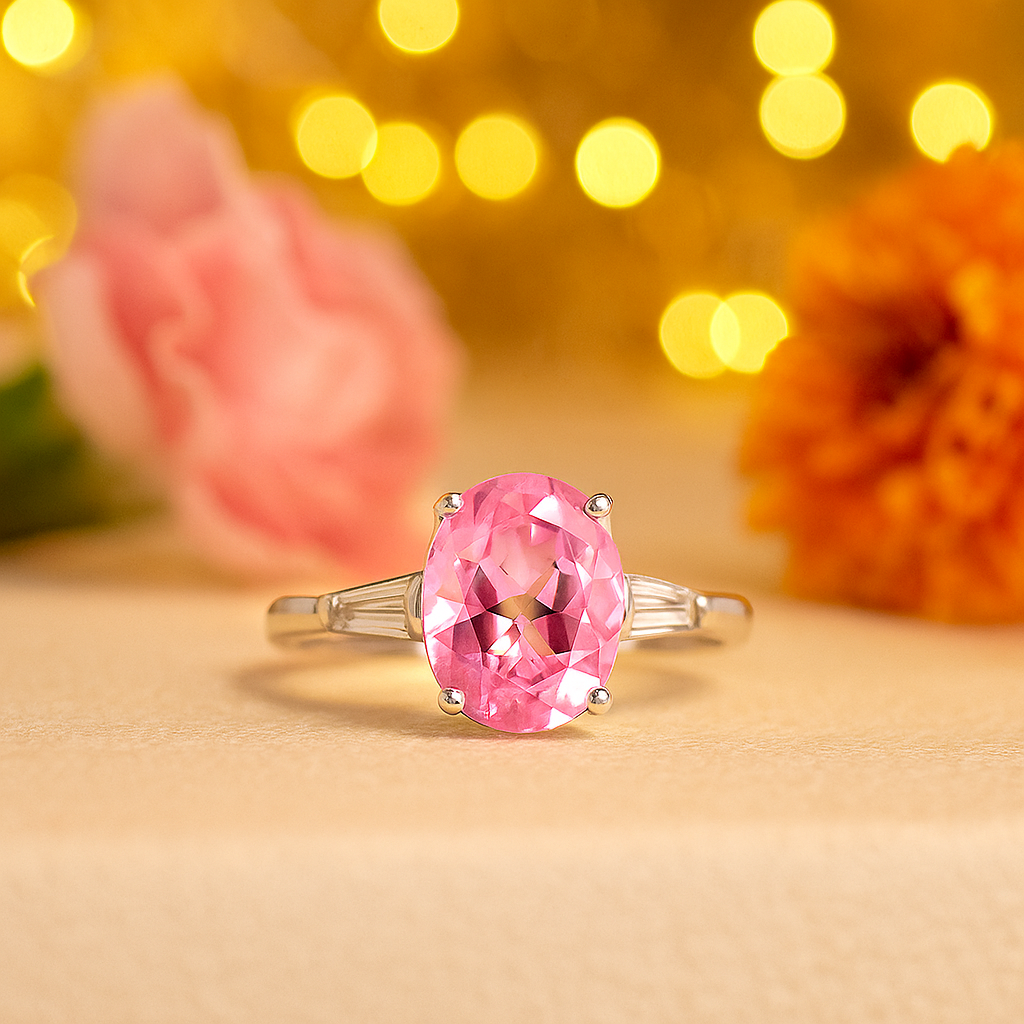 Charming Pink Oval Solitaire Ring with Side Accents