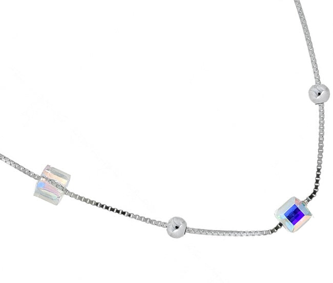 925 Silver Cube Crystal Pendant Necklace for Women – Stylish Iridescent Shine Chain