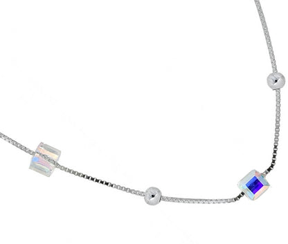 925 Silver Cube Crystal Pendant Necklace for Women – Stylish Iridescent Shine Chain