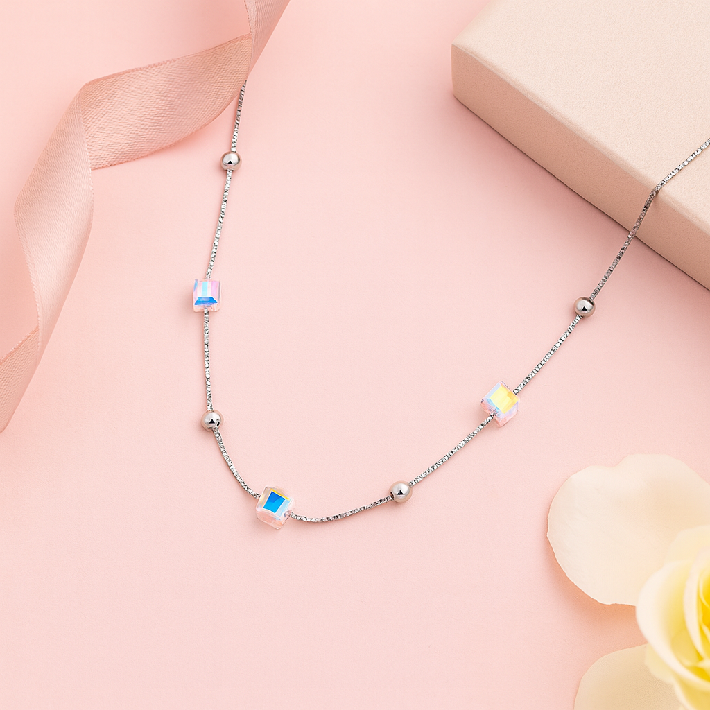 925 Silver Cube Crystal Pendant Necklace for Women – Stylish Iridescent Shine Chain