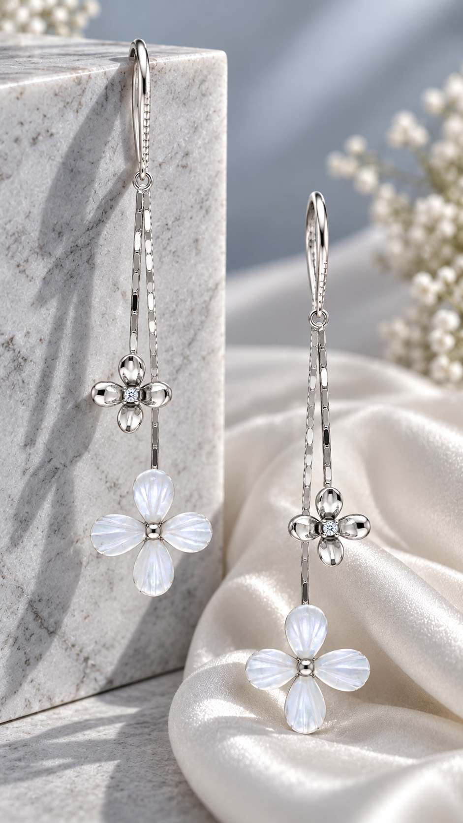 Silver Flower Long Drop Earrings