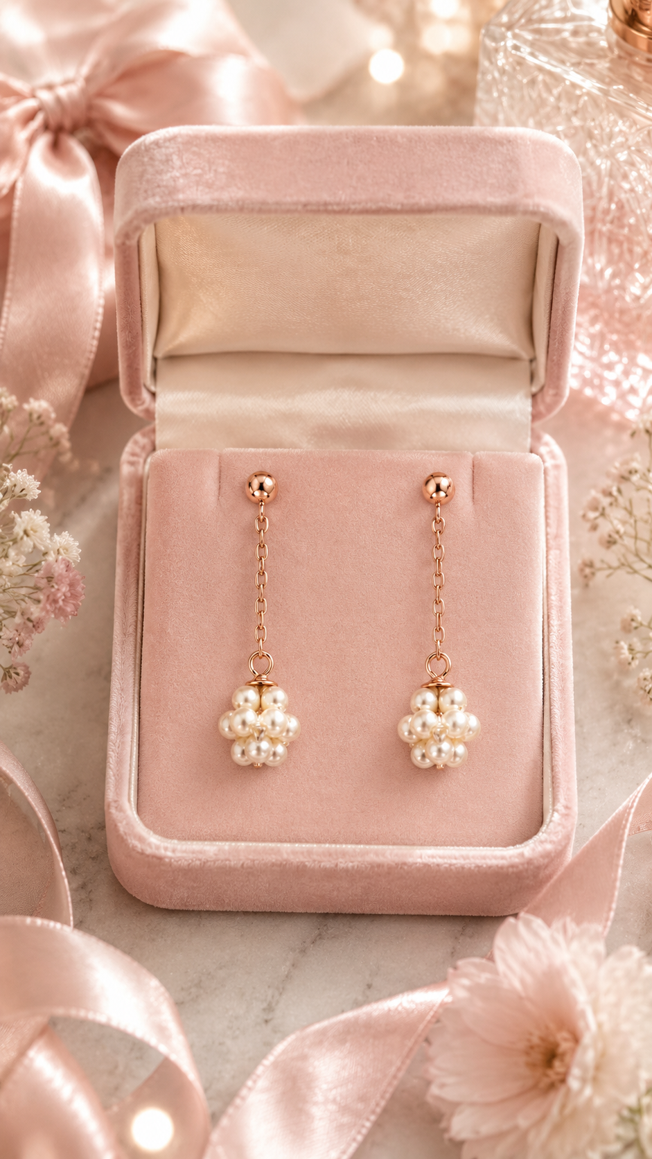 Elegant Rose Gold-Plated Pearl Cluster Chain Drop Earrings for Women