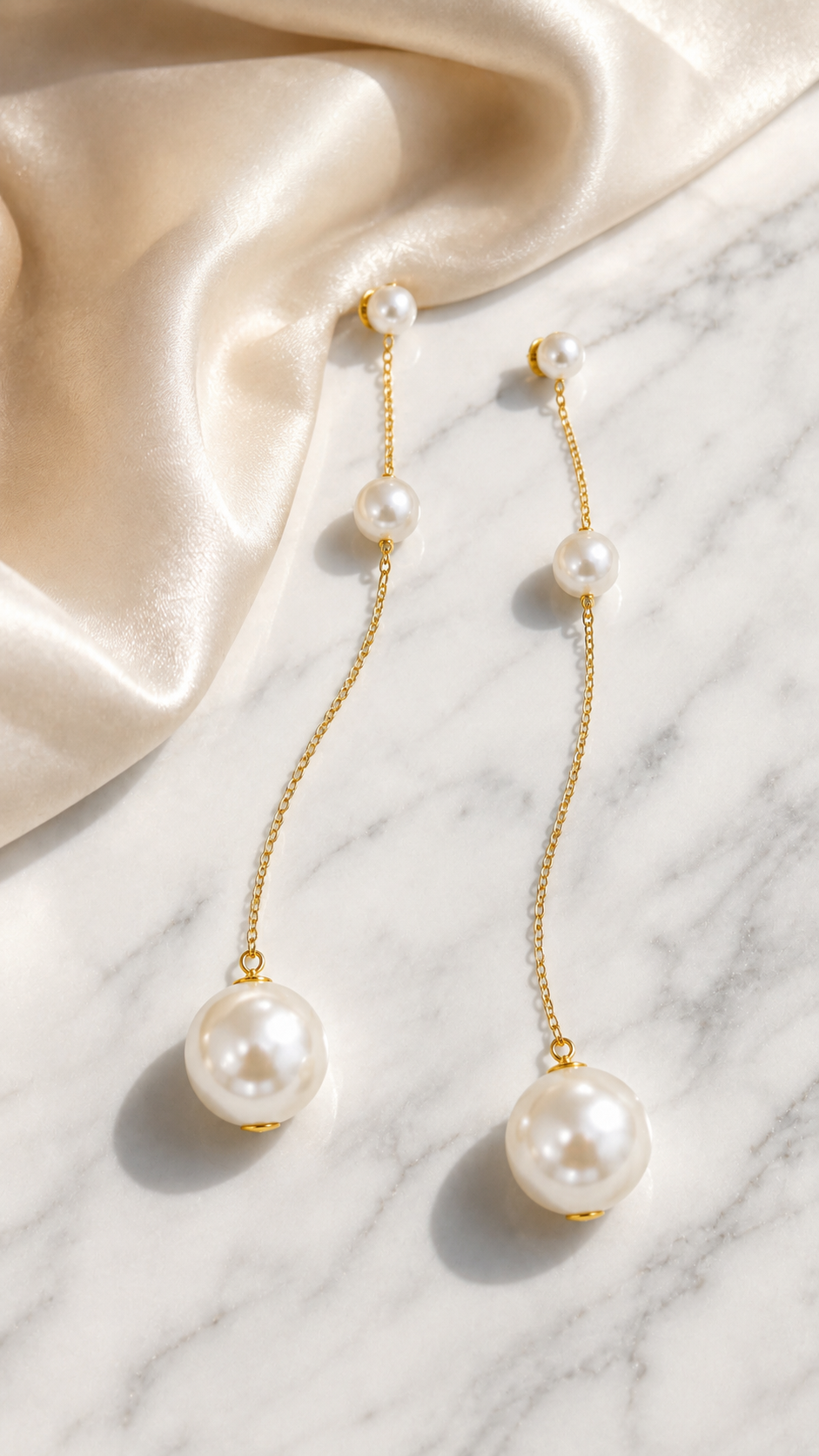Triple Pearl Long Chain Earrings