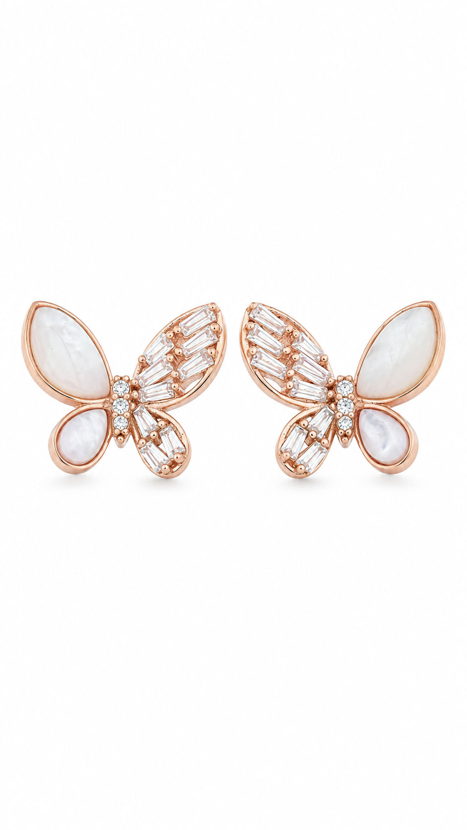 Elegant Rose Gold Mother of Pearl & CZ Butterfly Stud Earrings