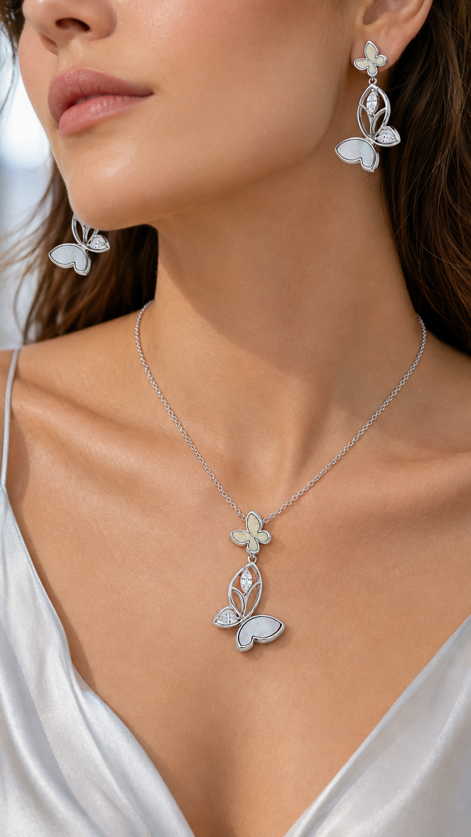 Elegant Silver Mother of Pearl Butterfly Pendant Necklace & Drop Earrings Jewelry Set