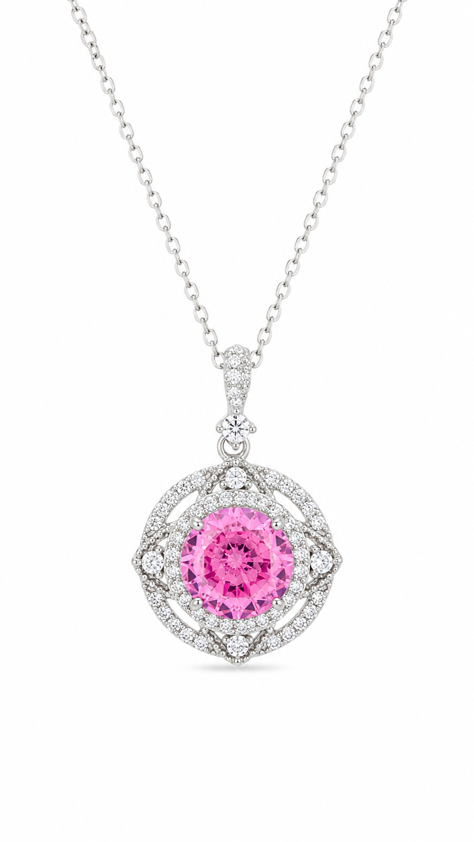 Elegant Silver Pink Halo Pendant Necklace