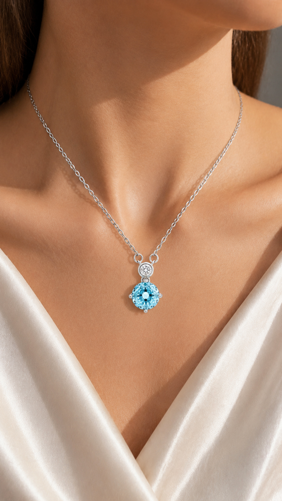 Elegant 925 Sterling Silver Blue Round-Cut CZ Drop Pendant Necklace for Women