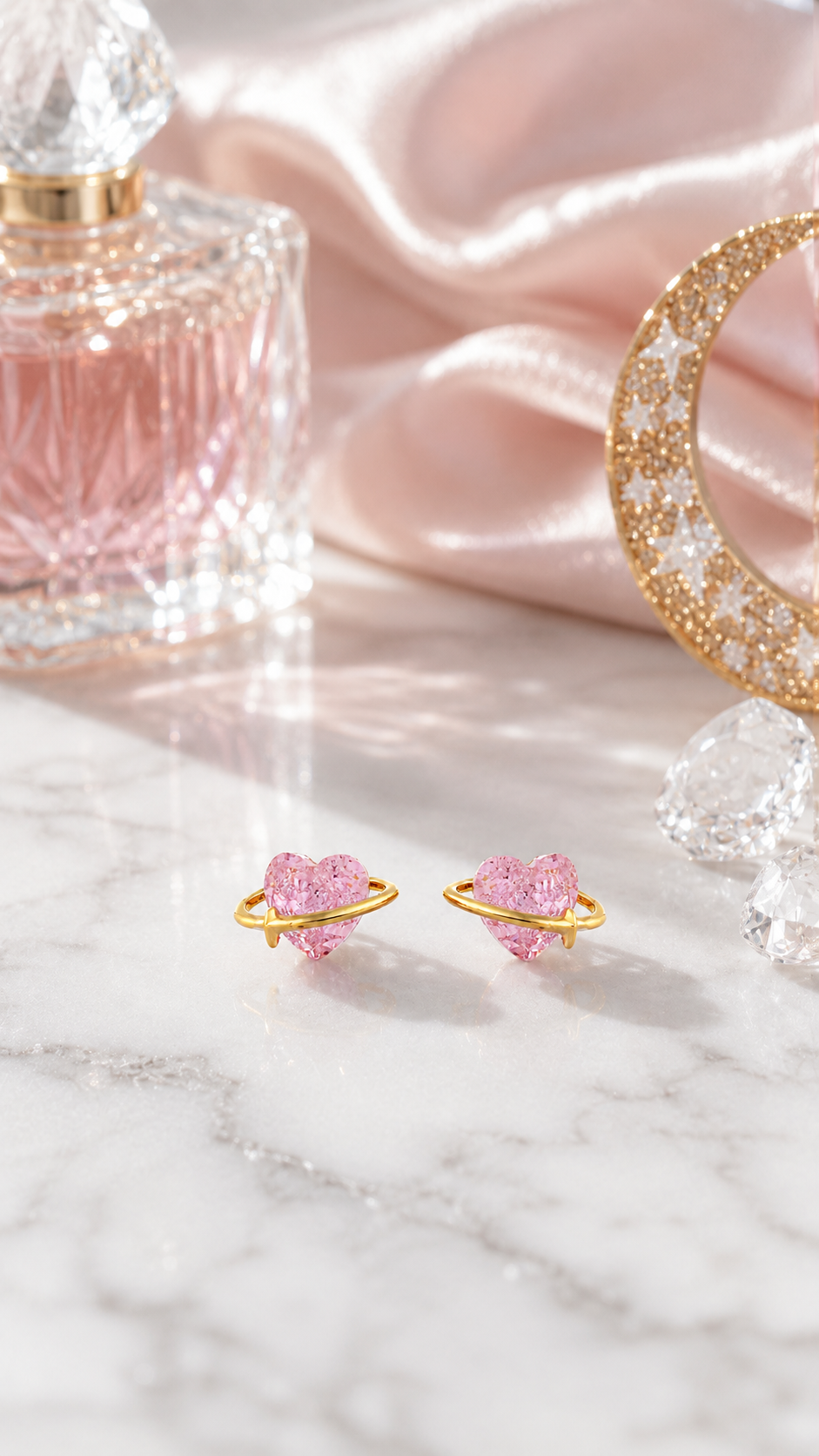 Elegant Gold-Plated Pink Heart Crystal Saturn Planet Stud Earrings for Women