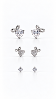 Bow Heart & Solitaire Stud Earrings Set - Aaryahi Silver jewellery product photo