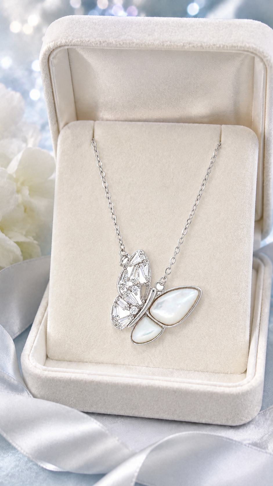 Elegant Silver Mother of Pearl & CZ Butterfly Pendant Necklace