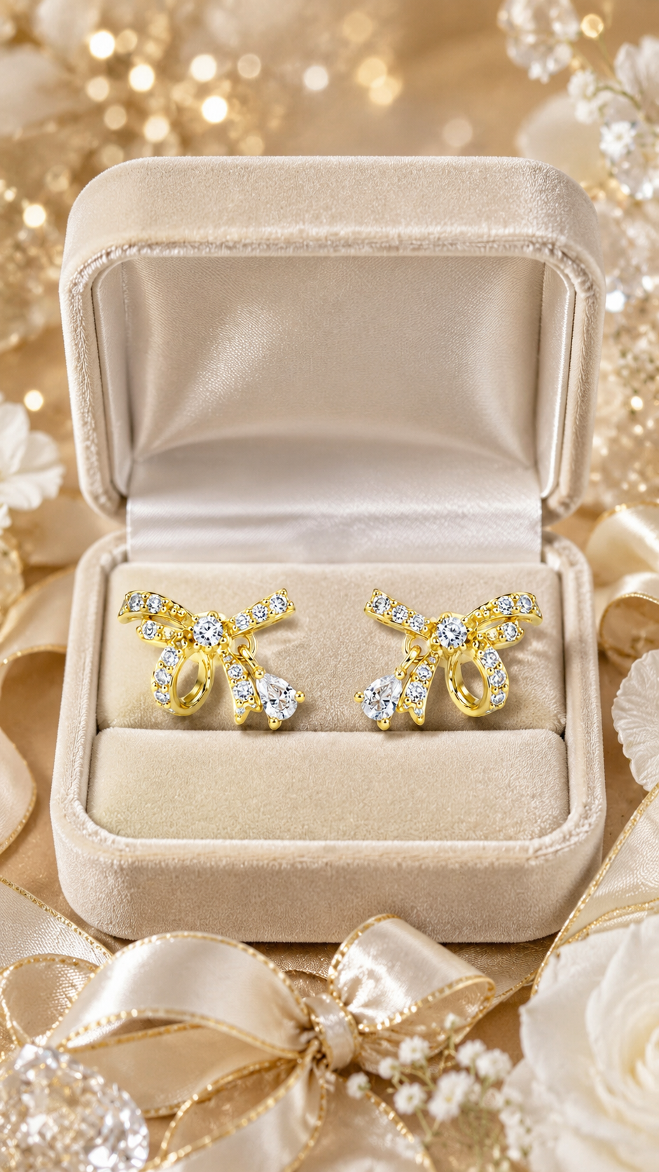 Gold-Plated CZ Bow Knot Drop Stud Earrings for Women