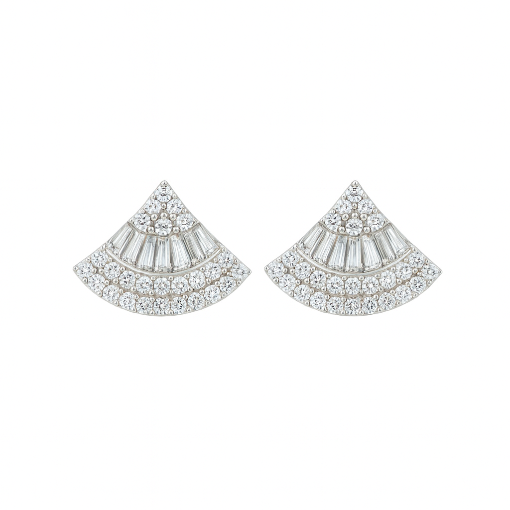 Silver Luxury Fan-Shape CZ Stud Earrings for Women
