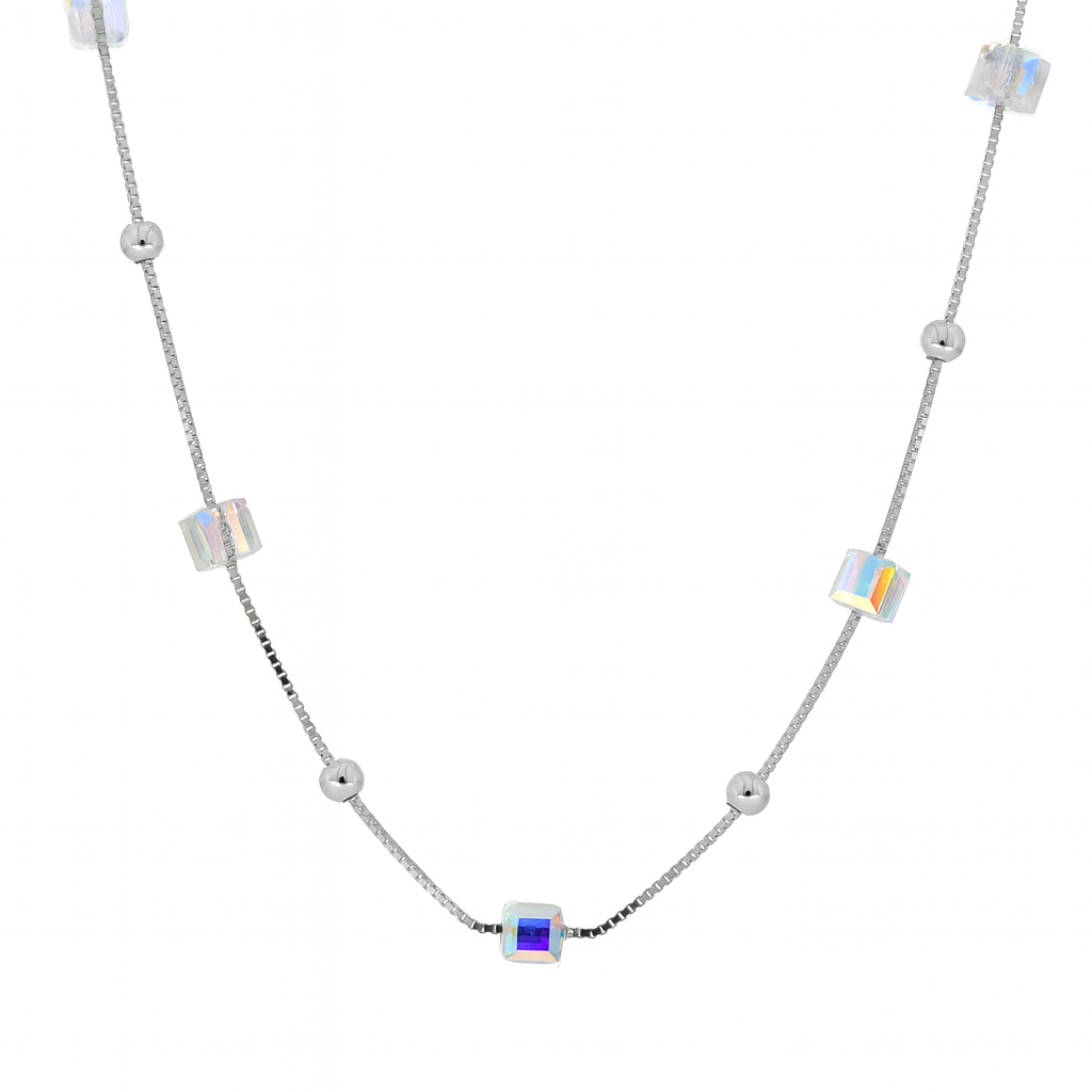 925 Silver Cube Crystal Pendant Necklace for Women – Stylish Iridescent Shine Chain