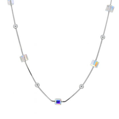 925 Silver Cube Crystal Pendant Necklace for Women – Stylish Iridescent Shine Chain
