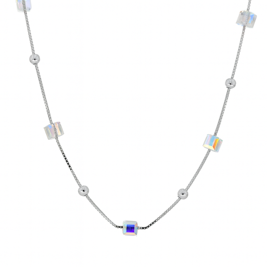 925 Silver Cube Crystal Pendant Necklace for Women – Stylish Iridescent Shine Chain