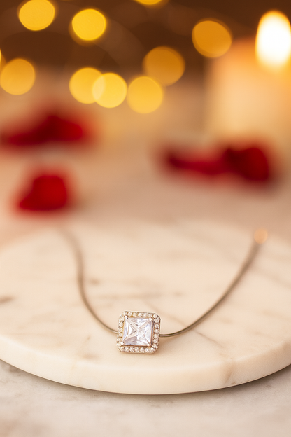 Square Solitaire Zircon Pendant Necklace for Women 925 Silver Finish Elegant Daily and Party Wear Chain