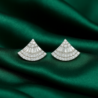 Silver Luxury Fan-Shape CZ Stud Earrings for Women