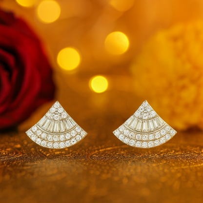 Silver Luxury Fan-Shape CZ Stud Earrings for Women