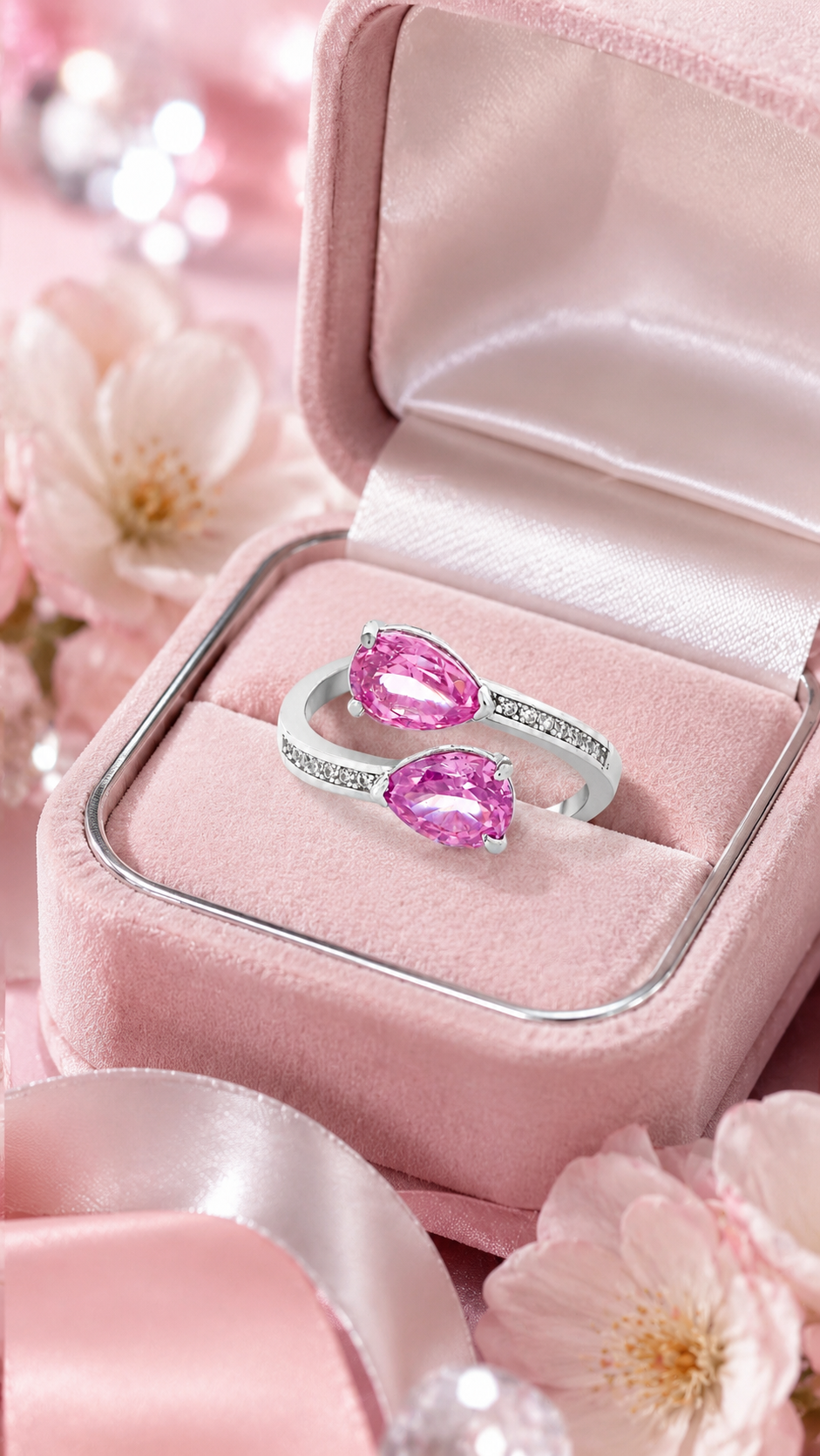Double Pink Pear-Cut Adjustable Open Ring