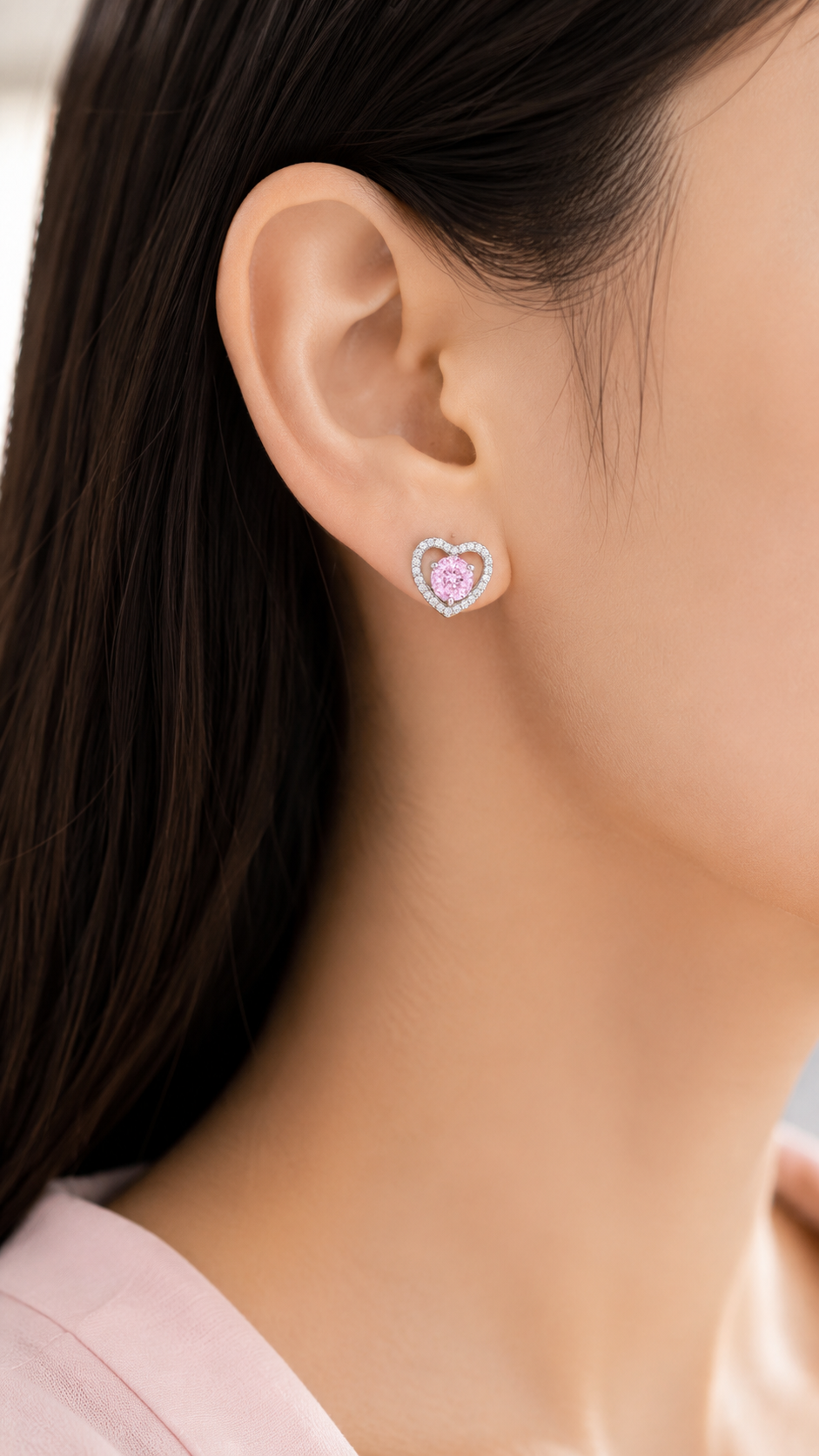 Elegant Silver Pink Heart Halo Stud Earrings
