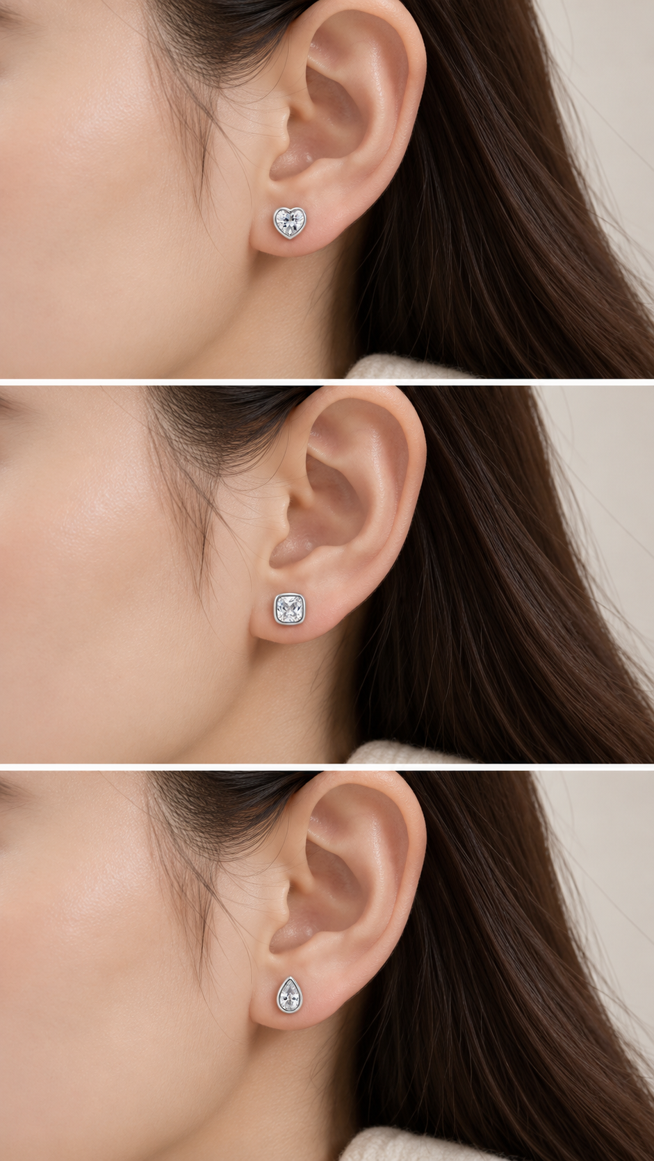 Heart, Square & Teardrop Stud Earrings Set - Aaryahi Silver jewellery product photo
