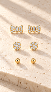 Bow, Round Cluster & Ball Stud Earrings Set - Aaryahi Silver jewellery product photo
