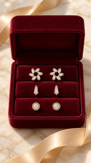 Floral Cluster, Baguette Round Solitaire Earrings Set - Aaryahi Silver jewellery product photo