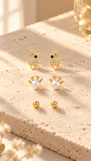 Reindeer, Pearl Antler & Ball Stud Earrings Set - Aaryahi Silver jewellery product photo