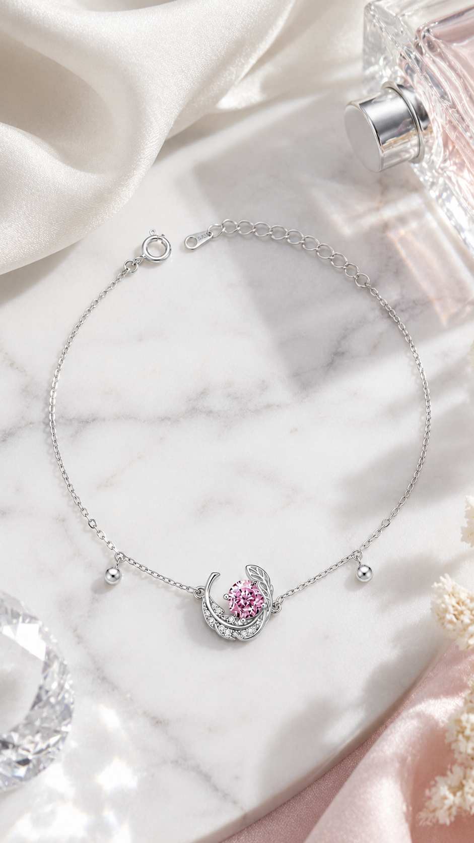 Pink Feather Swirl Charm Bracelet