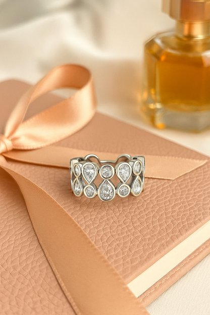 Luxury 925 Silver Designer Zircon Cluster Ring for Women – Stylish Wide Band Finger Ring for Party & Festive Wear