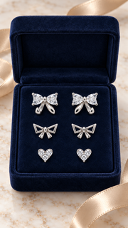 Bow, Open Bow & Heart Earrings Set - Aaryahi Silver jewellery product photo