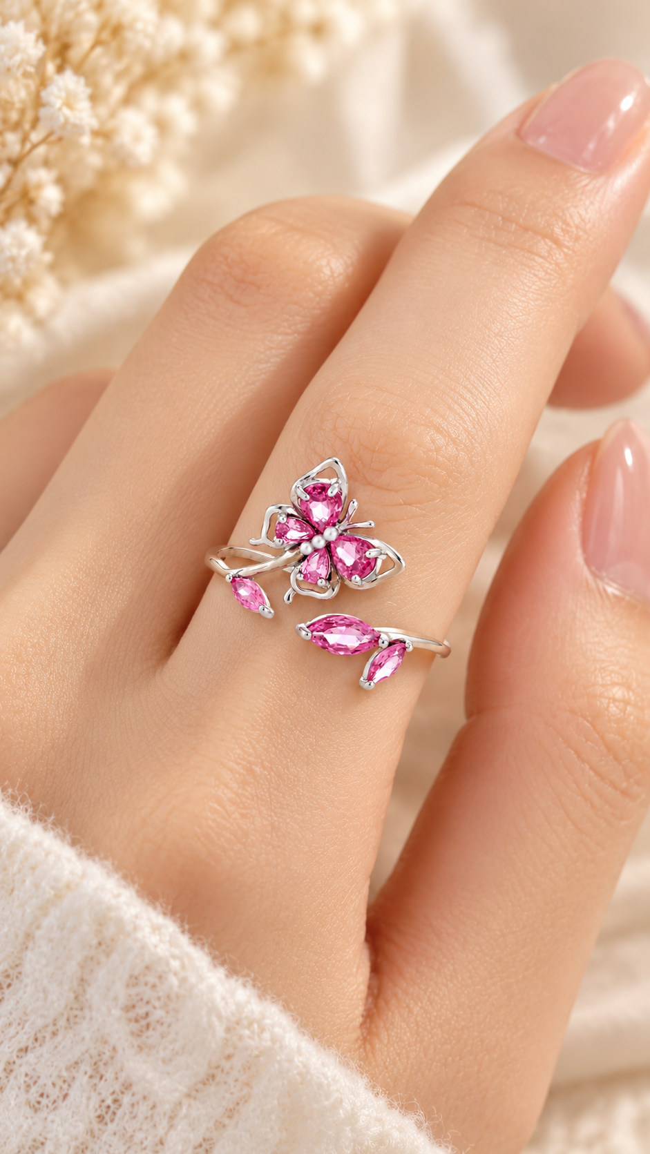 Silver CZ Butterfly Floral Ring