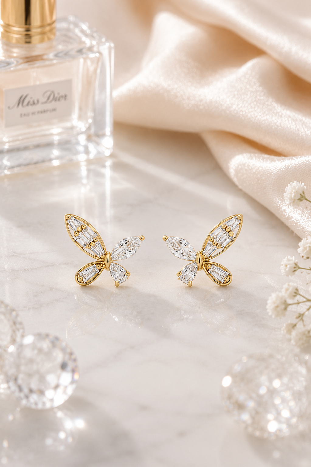 Gold Butterfly Marquise & Baguette CZ Stud Earrings